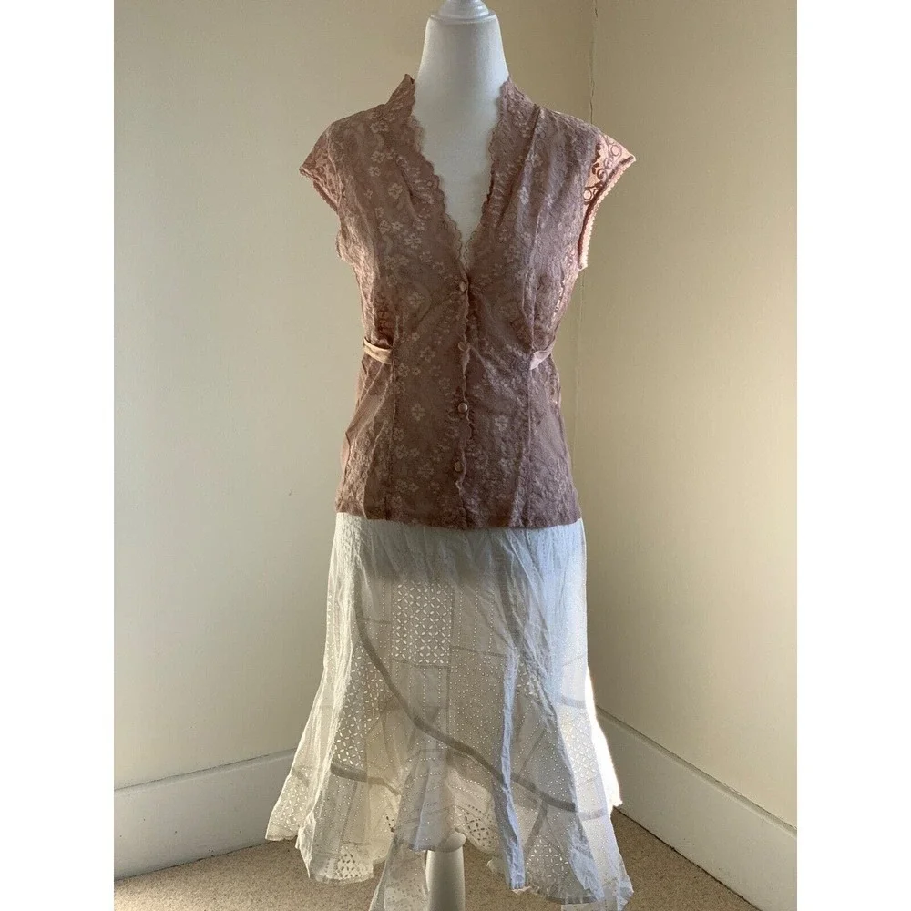 Vtg Y2K Only Hearts Button Lace Blouse Top M Coquette Nymphet Whimsygoth - Picture 2 of 8